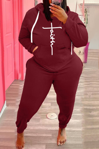 Burgundy Fashion Casual Print Basic Hooded Collar Plus Size Two Pieces