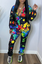 Multicolor Fashion Casual Print Zipper Hooded Collar Long Sleeve Two Pieces