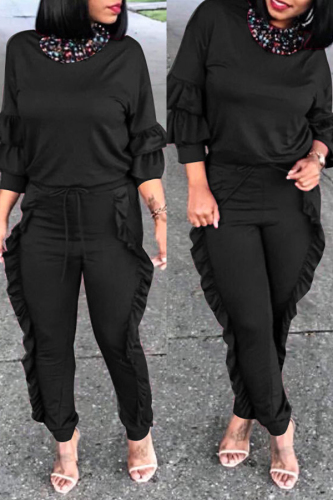 Black Euramerican Flounce Design Blending Two-piece Pants Set