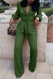 Green Fashion Casual Solid Basic Turndown Collar Regular Jumpsuits