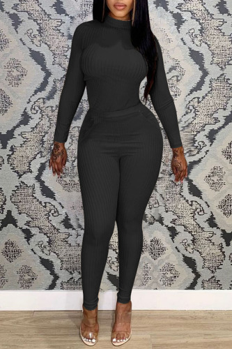 Black Casual Solid Patchwork O Neck Long Sleeve Two Pieces