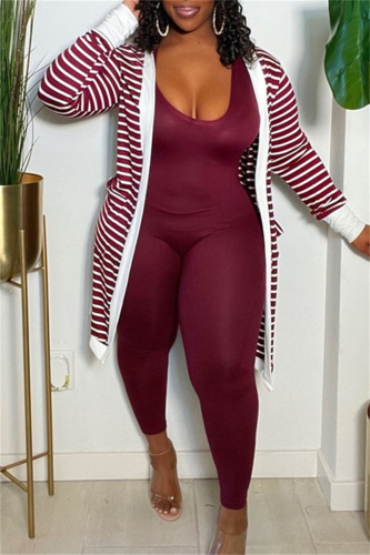 Burgundy Fashion Casual Striped Print Cardigan Outerwear