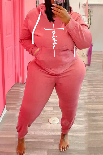 Pink Fashion Casual Print Basic Hooded Collar Plus Size Two Pieces
