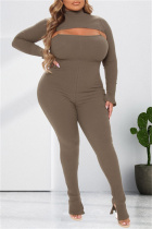 Light Coffee Fashion Casual Solid Hollowed Out Turtleneck Plus Size Two Pieces