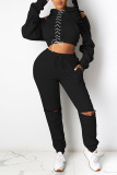 Black Sexy Solid Bandage Patchwork Backless Zipper Hooded Collar Long Sleeve Two Pieces