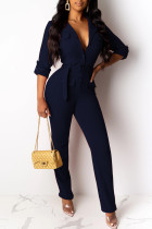 Royal Blue Fashion Casual Solid Pocket With Belt Turndown Collar Regular Jumpsuits