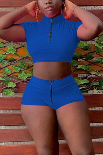 Blue Fashion Short Sleeve Top Shorts Zipper Set