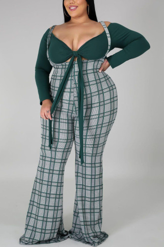 Dark green Fashion Street Adult Plaid Patchwork V Neck Plus Size