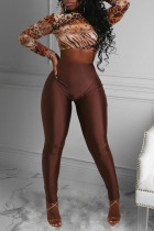 Dark Brown Sexy Print Patchwork O Neck Long Sleeve Two Pieces