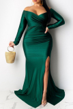 Blue Sexy Plus Size Solid Backless Slit Off The Shoulder Long Sleeve Evening Dress