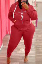 Red Fashion Casual Print Basic Hooded Collar Plus Size Two Pieces
