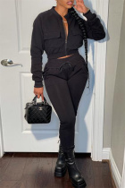 Black Fashion Casual Solid Patchwork Zipper Collar Long Sleeve Two Pieces