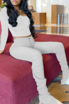 Grey Fashion Casual Solid Slit Fold V Neck Long Sleeve Two Pieces