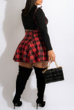 Red Sexy Casual Plaid Print Basic Turtleneck Plus Size Two Pieces
