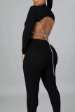Black Sexy Solid Patchwork Chains Backless O Neck Long Sleeve Two Pieces