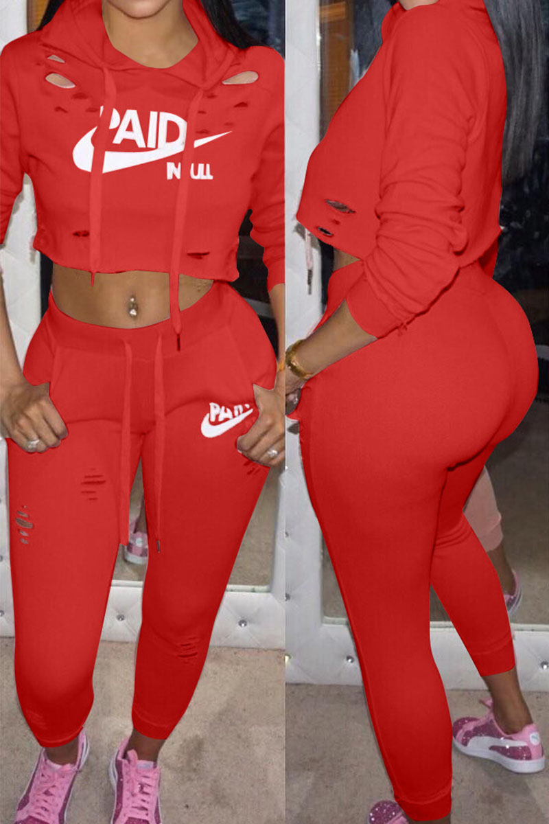 

Red Fashion Sportswear Print Ripped Split Joint Hooded Collar Long Sleeve Two Pieces