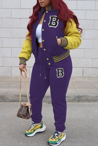 Purple Fashion Casual Patchwork Letter Cardigan Long Sleeve Two Pieces