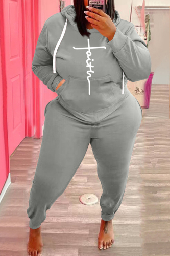 Grey Fashion Casual Print Basic Hooded Collar Plus Size Two Pieces