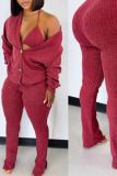 Red Casual Solid Patchwork Buckle Slit V Neck Long Sleeve Two Pieces