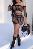 Coffee Sexy Dew Shoulder Printed Two-piece Skirt Set