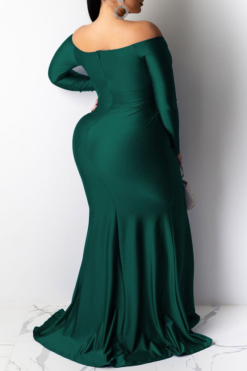 Wholesale Green Sexy Plus Size Solid Backless Slit Off The Shoulder Long Sleeve Evening Dress