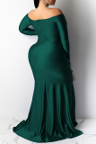 Blue Sexy Plus Size Solid Backless Slit Off The Shoulder Long Sleeve Evening Dress
