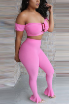 Pink Sexy Strapless Flounce Two-pieces Set