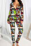 Black Casual Print Patchwork Buttons V Neck Skinny Jumpsuits