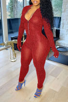 Burgundy Sexy Solid Patchwork Zipper Collar Skinny Jumpsuits