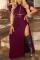 Burgundy Fashion Casual Solid Slit Hooded Collar Short Sleeve Two Pieces
