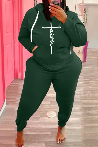 Army Green Fashion Casual Print Basic Hooded Collar Plus Size Two Pieces