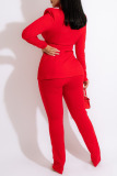 Tangerine Red Casual Work Solid Patchwork Turn-back Collar Long Sleeve Two Pieces
