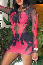 Red Fashion Sexy Print See-through O Neck Long Sleeve Dresses