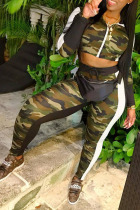 Camo Casual Hooded Collar Camouflage Twilled Satin Two-piece Pants Set
