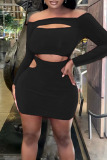 Black Sexy Solid Hollowed Out Patchwork Off the Shoulder Pencil Skirt Dresses