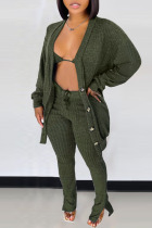 Olive Green Casual Solid Split Joint Buckle Slit V Neck Long Sleeve Two Pieces
