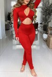 Red Sexy Solid Hollowed Out Patchwork O Neck Regular Jumpsuits