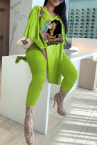 Fluorescent Color Fashion Casual Print Slit V Neck Long Sleeve Two Pieces