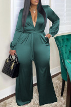 Green Casual Solid Patchwork Buckle Turndown Collar Straight Jumpsuits
