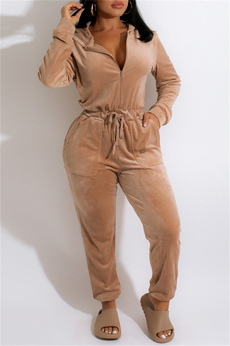 

Khaki Fashion Casual Solid Bandage Patchwork Zipper Collar Regular Jumpsuits