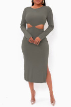 Grey Sexy Solid Bandage Hollowed Out Patchwork Backless O Neck Straight Dresses