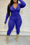 Royal Blue Sexy Solid Split Joint Buckle Turndown Collar Long Sleeve Two Pieces