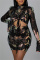Black Sexy Patchwork Bandage Hollowed Out Sequins Draw String Turtleneck Long Sleeve Dresses