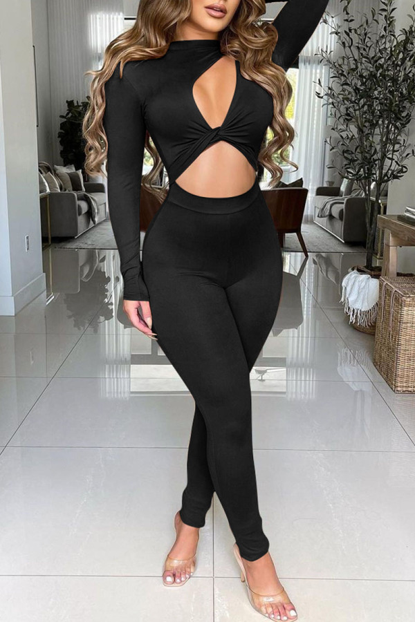 Black Sexy Solid Hollowed Out Patchwork O Neck Regular Jumpsuits