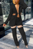 Black Fashion Patchwork Solid Hollowed Out Cardigan Pants Turndown Collar Long Sleeve Two Pieces
