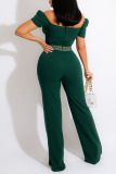 Green Elegant Print Patchwork V Neck Straight Jumpsuits