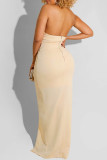 Apricot Sexy Solid Patchwork Backless Slit Halter Evening Dress