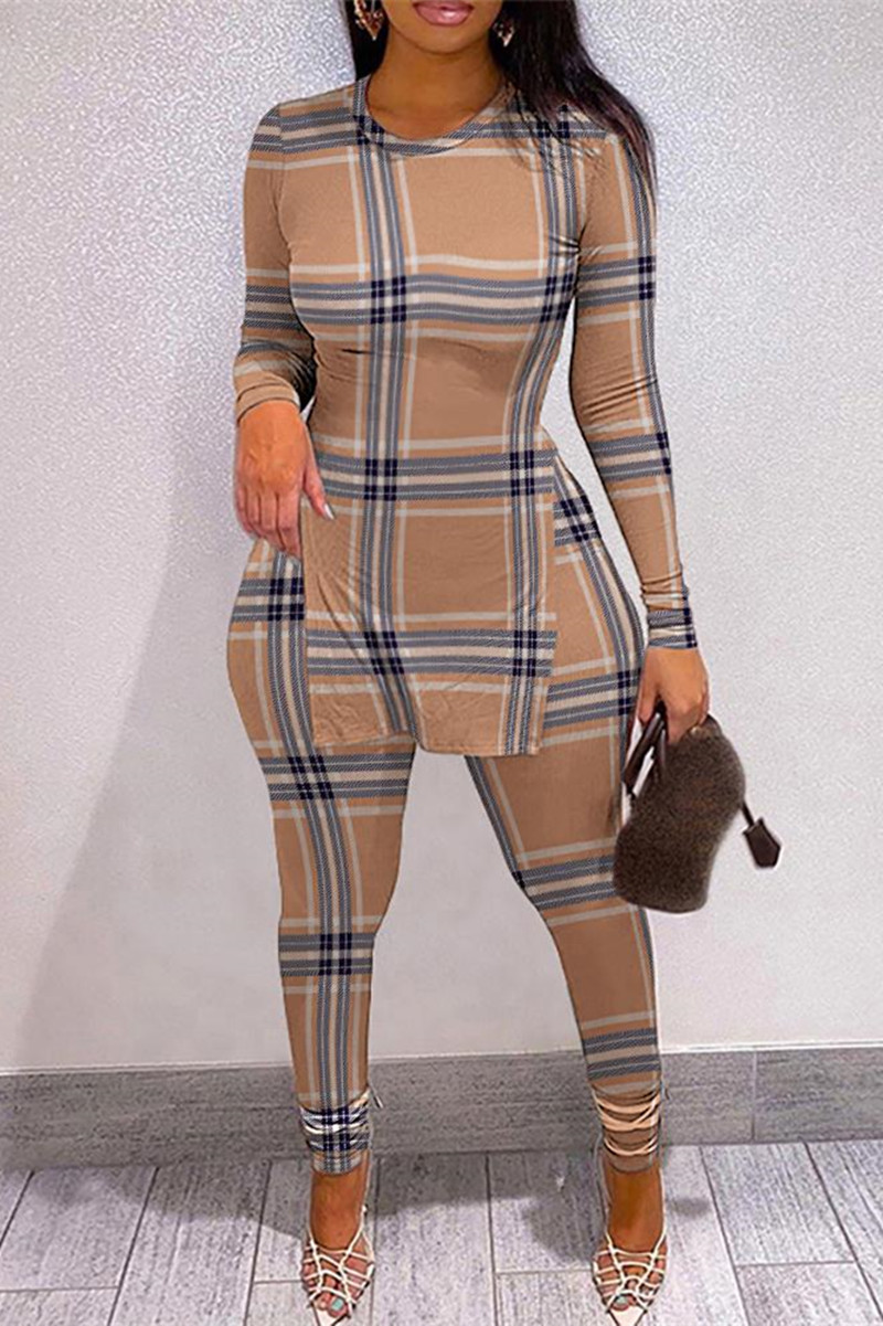 

Khaki Fashion Casual Plaid Print Slit O Neck Long Sleeve Two Pieces