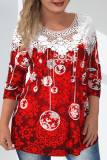 Red Fashion Casual Print Hollowed Out Patchwork O Neck Plus Size Tops