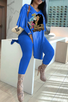 Blue Fashion Casual Print Slit V Neck Long Sleeve Two Pieces